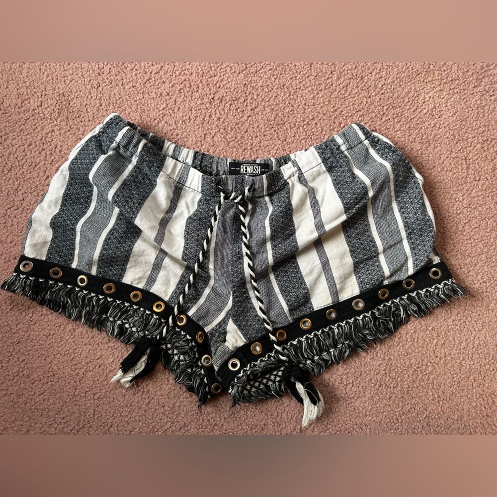 American REWASH Large linen blend rope tie shorts boho pockets fringe grommets